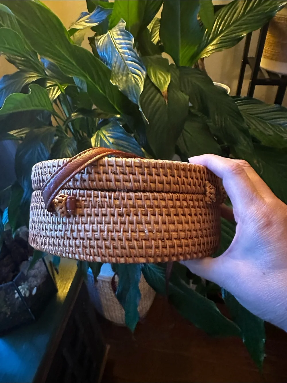 Handwoven Round Rattan Shoulder Bag in Natural Tan